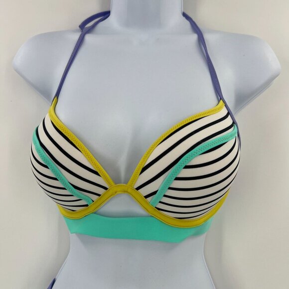 NWT VS Swim Hottie Set 32D M Push Up Bikini Black Stripe Neon Colorblock Itsy - Picture 13 of 14